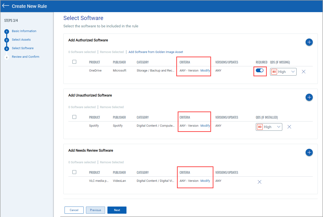 Select authorized, unauthorized, and needs review software.